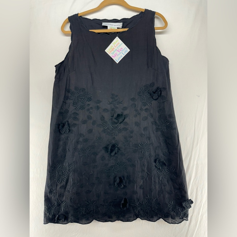 NEW Gretchen Scott Amanda Black Embroidered Floral Scallop Tank‎ Dress Size L